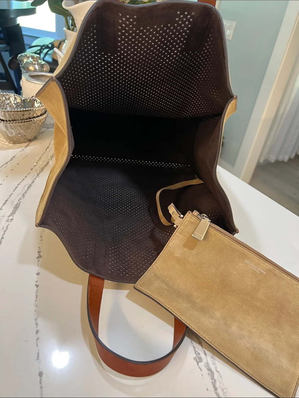 Michael Kors Collection Perforated Suede Tote in Tan with Brown Leather Handles